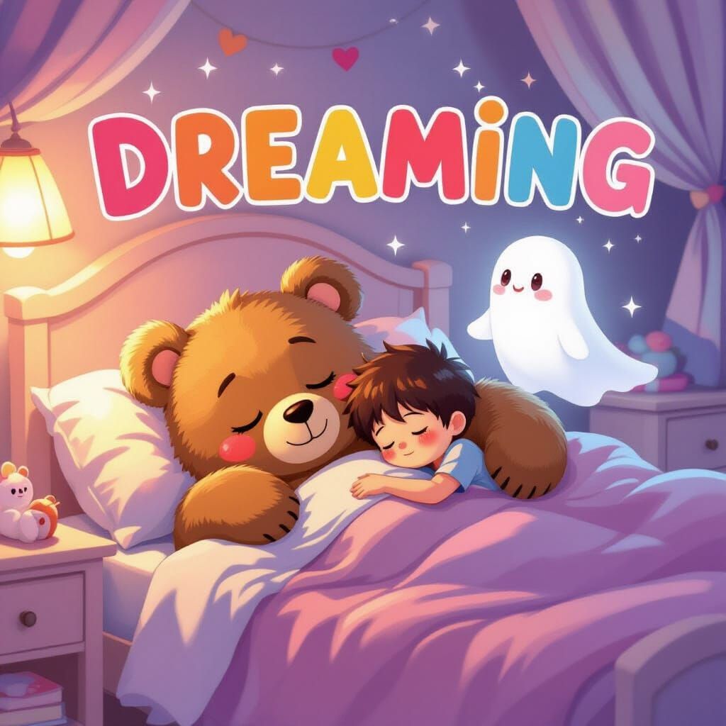 Anime Style: Bear and Boy Sleep in Cozy Bedroom
