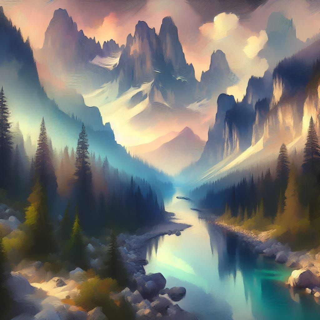 Mountain Valley at Dawn: Abstract Impressionist Painting