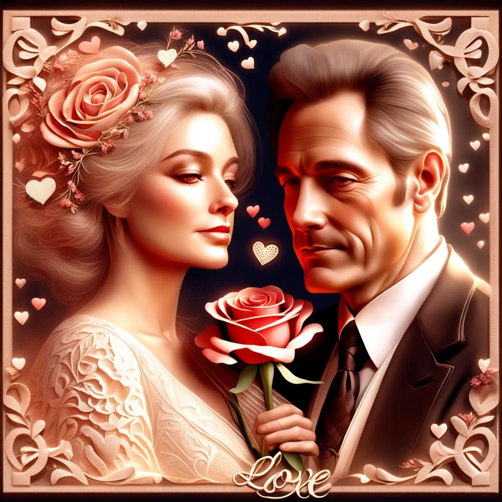 Romantic Portrait of Couple with Roses and Love