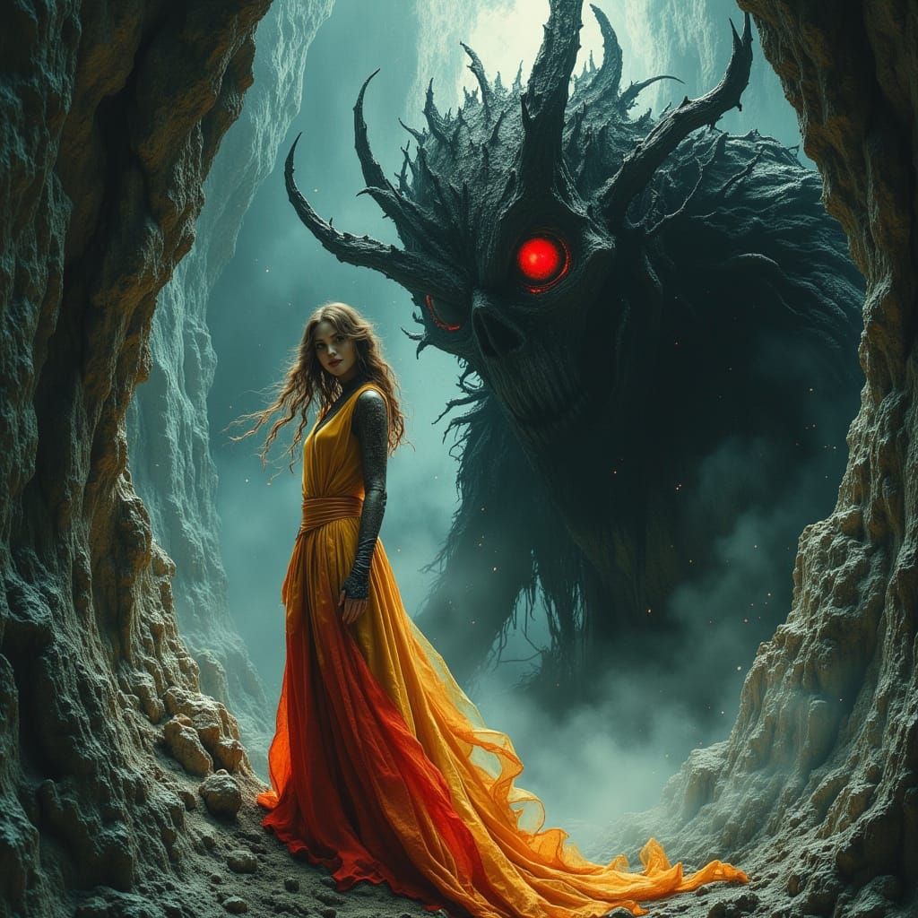 Mystical Cave: Girl and Cyclops in Dark Fantasy Style