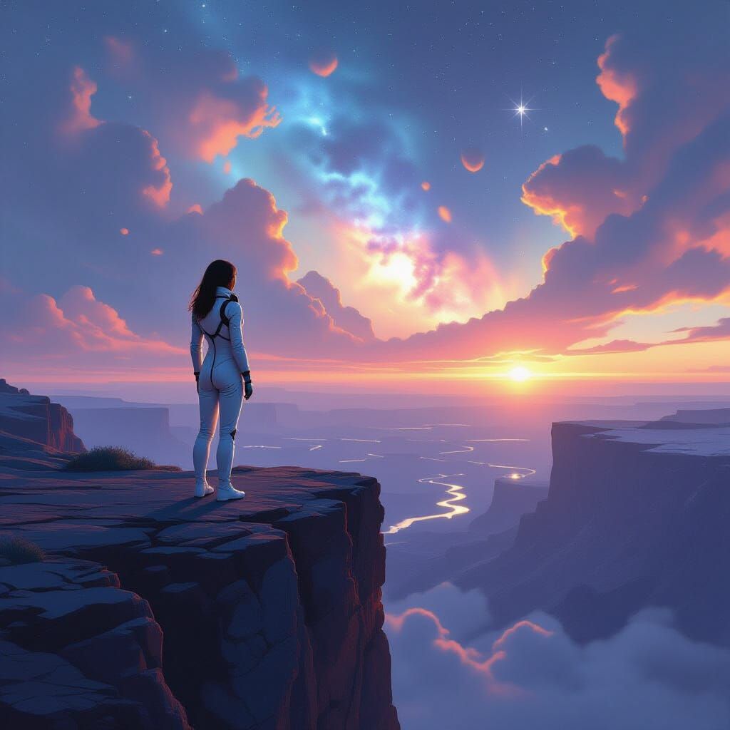 Woman in Futuristic Jumpsuit on Cliff Overlooking Nebula