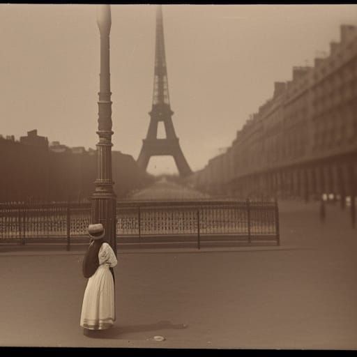 Woman Waiting at Eiffel Tower: Vintage Sepia Photo