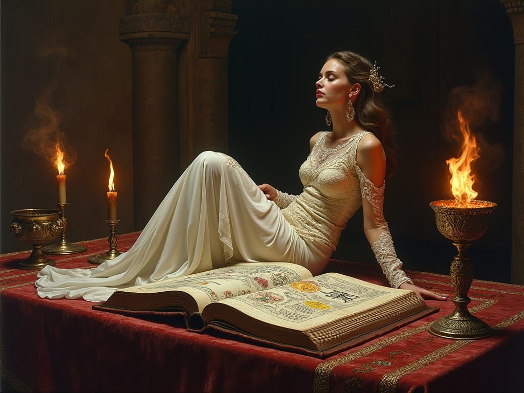 Mystical Woman Reclining with Ancient Tome