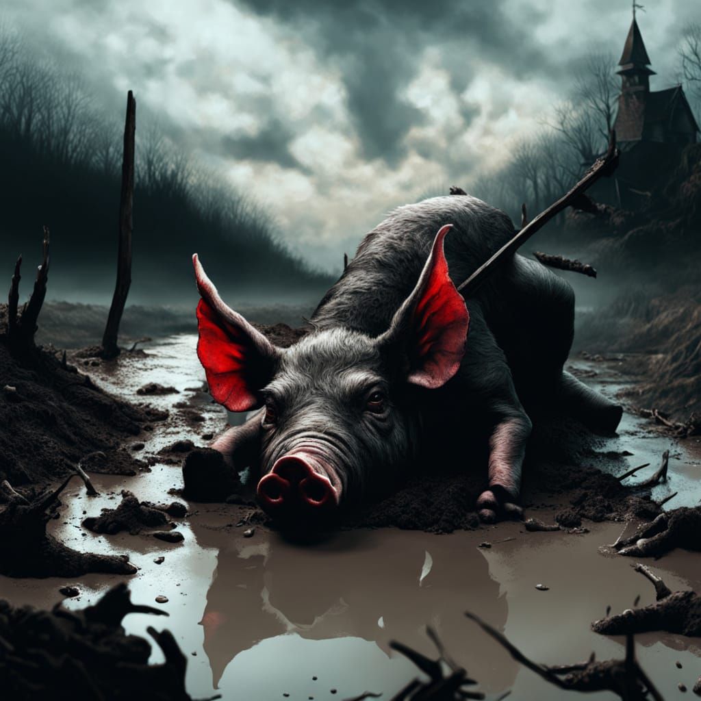 Pig with Figure Falling in Mud, Dark Fantasy Art