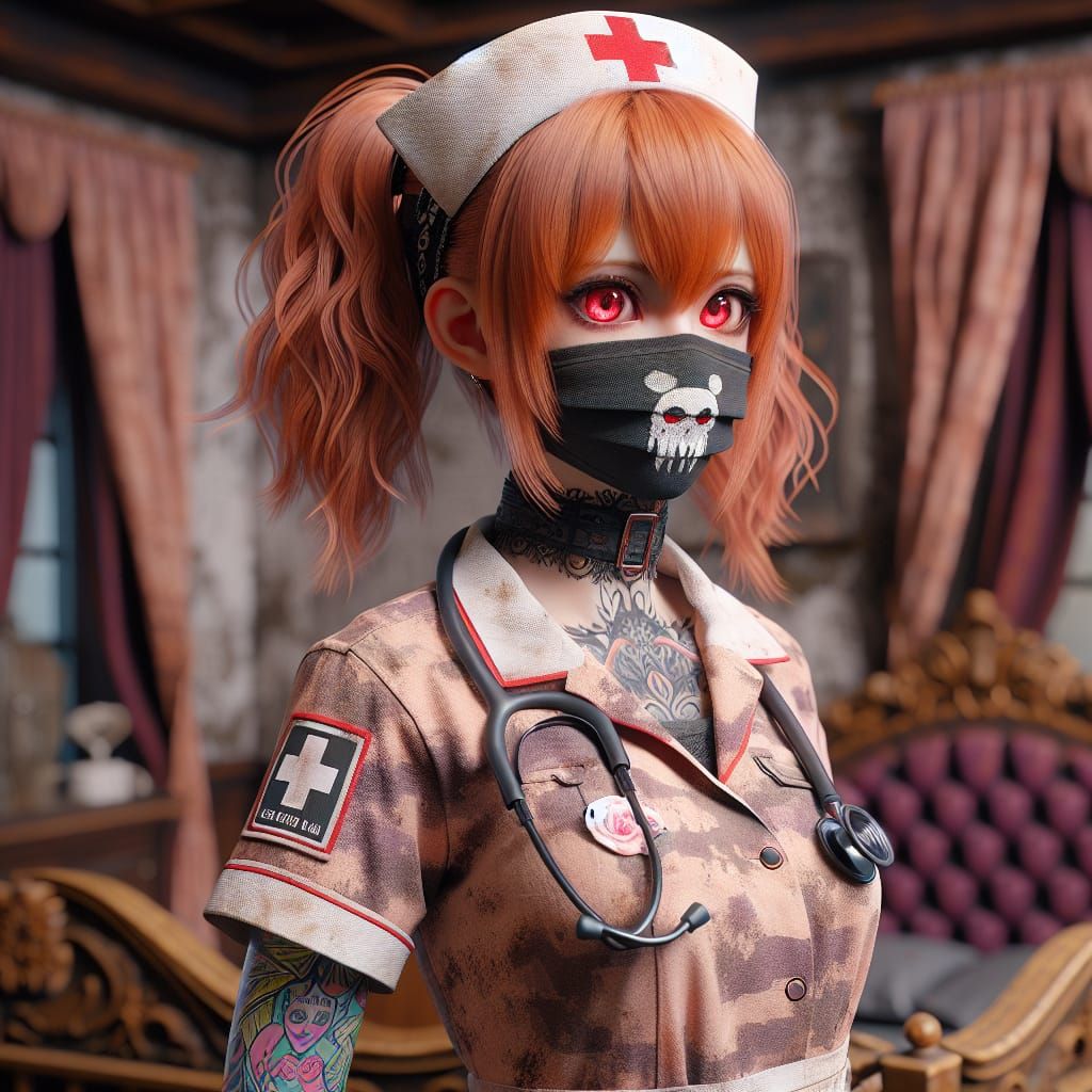 Gothic Anime Nurse in Rococo Bedroom