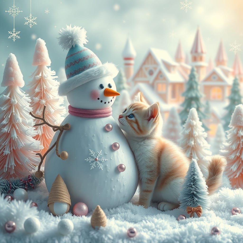 Whimsical Snowman and Kitten in Pastel Winter Wonderland