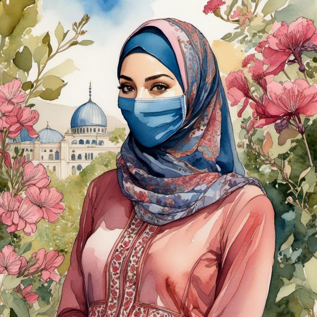 Beautiful Hijabi Student in Floral Landscape Watercolor