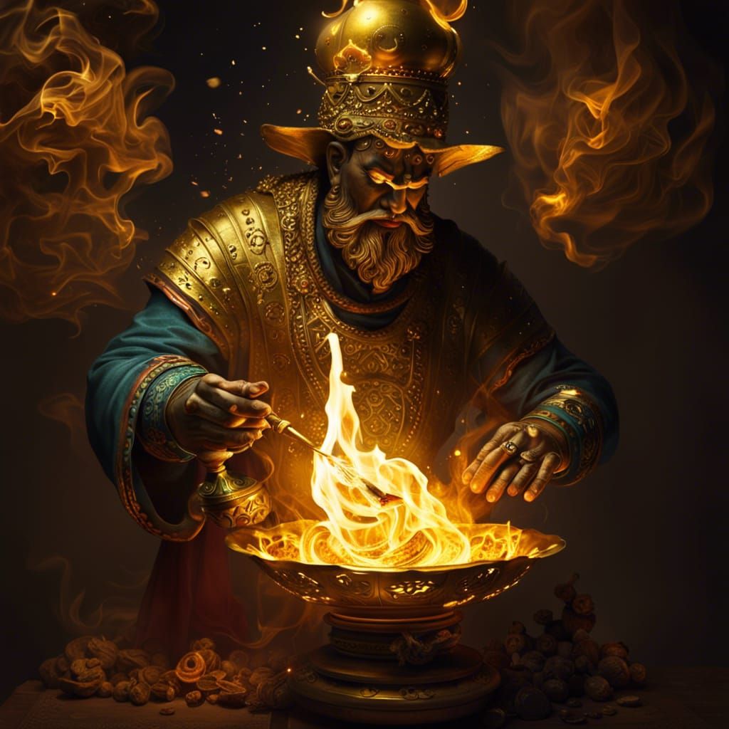 Fiery Efreet Genie Emerges from Golden Lamp