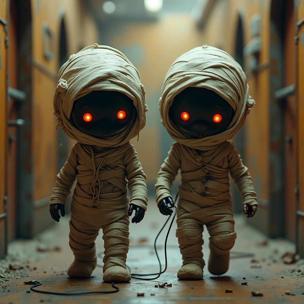 Creepy Chibi Egyptian Mummy Twin Nurses in Biomechanical Hor...