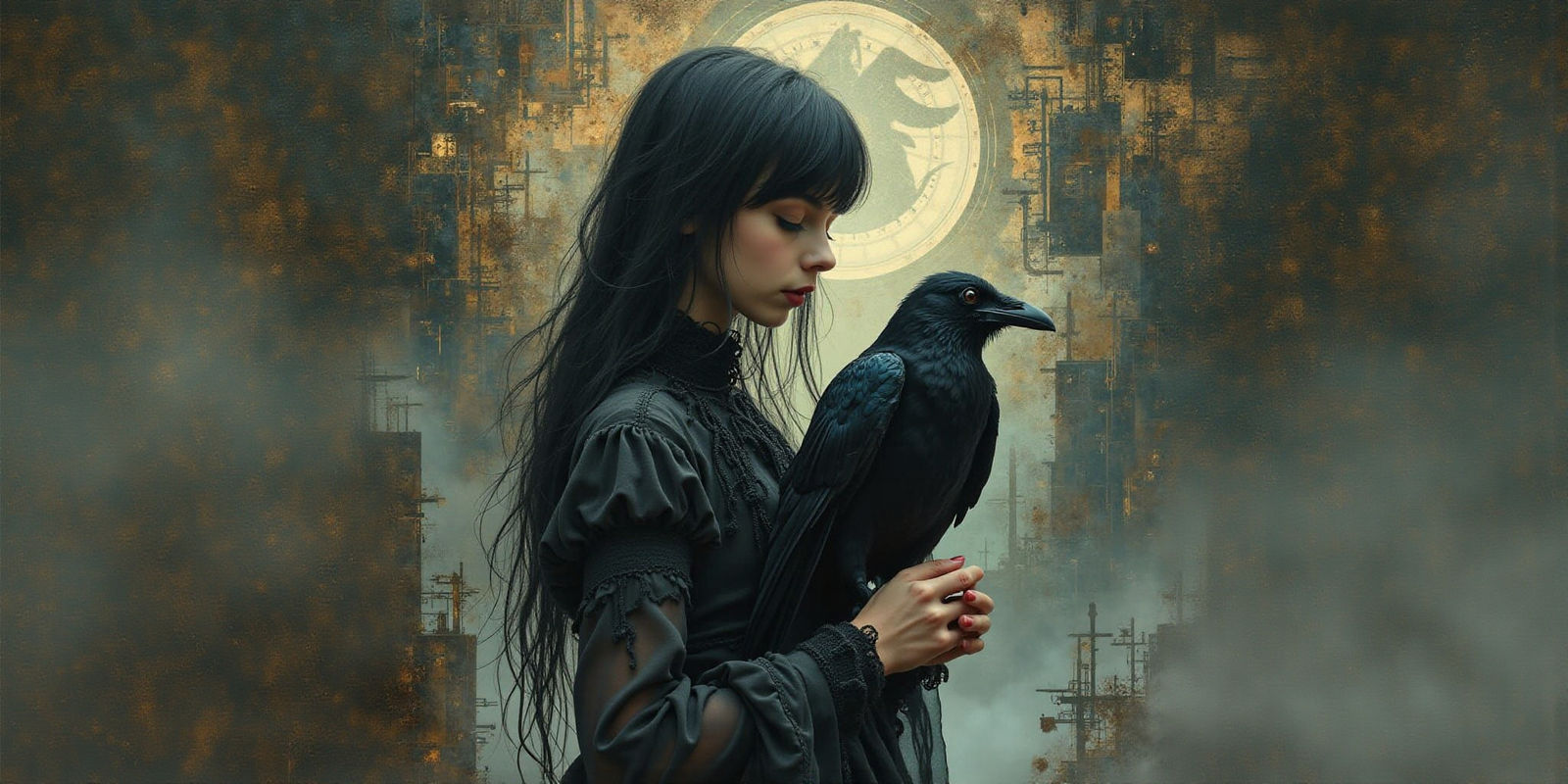 Ethereal Woman and Raven in Dreamlike Atmosphere