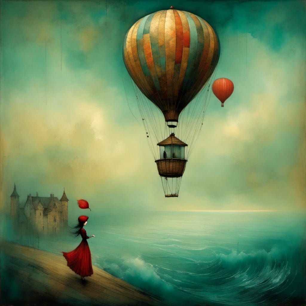 Elegant Woman in Whimsical Hot Air Balloon
