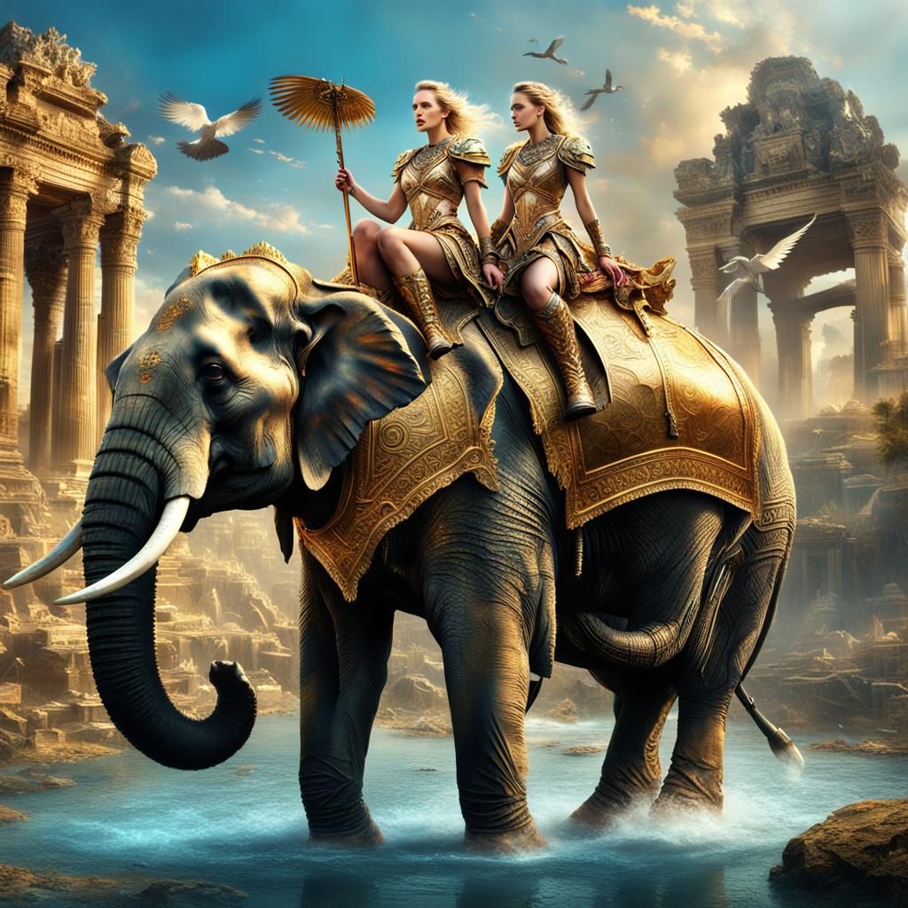 Queen on Armored Elephant Amidst Ancient Ruins