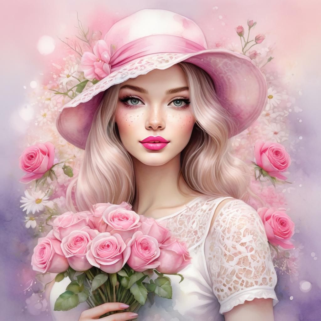Pink Ribbon Girl with Roses in Watercolor Style