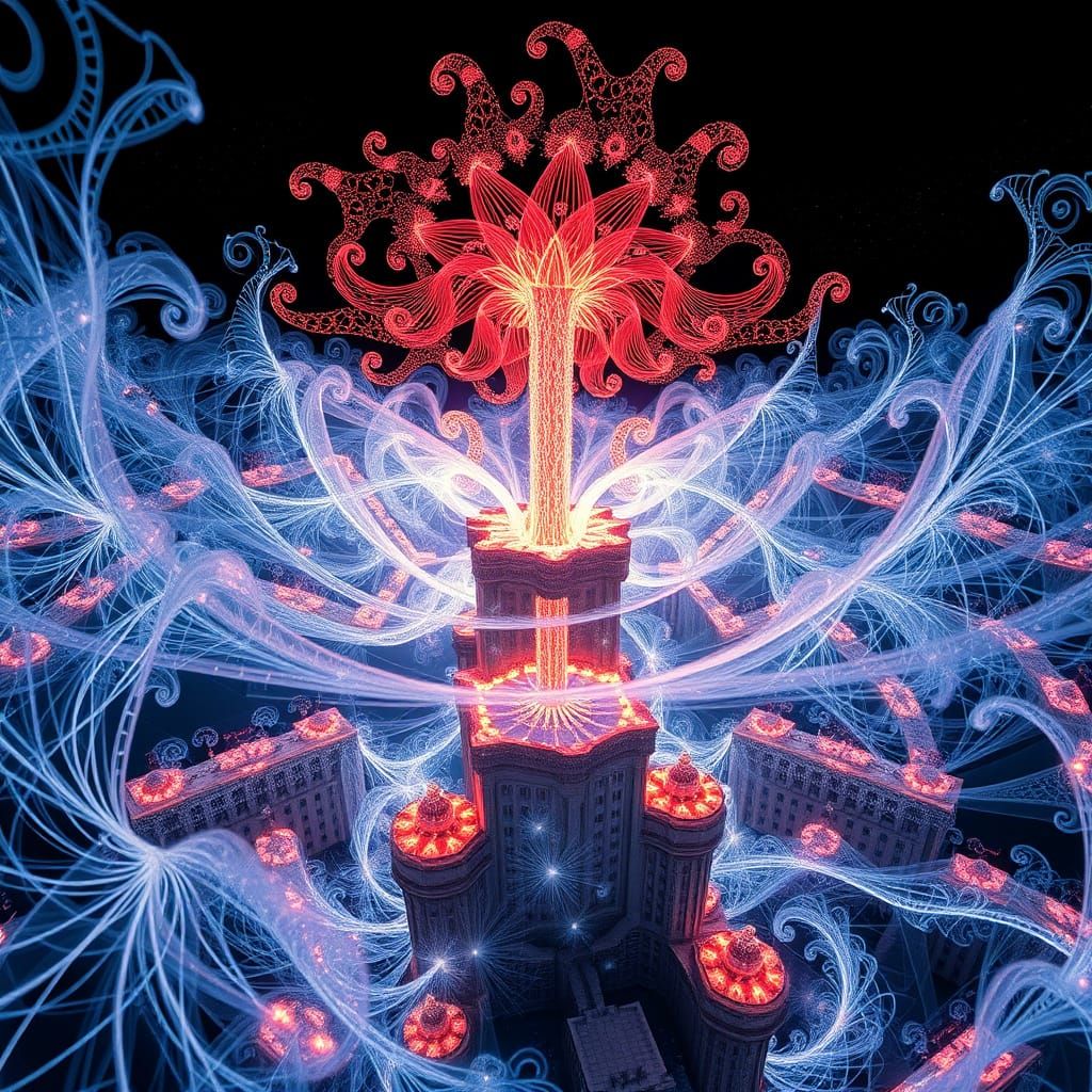 Centituer Falvetion flusters into Sierpinski fractal curve town amid a posse of circling blauispianpohiby embenemiments ...