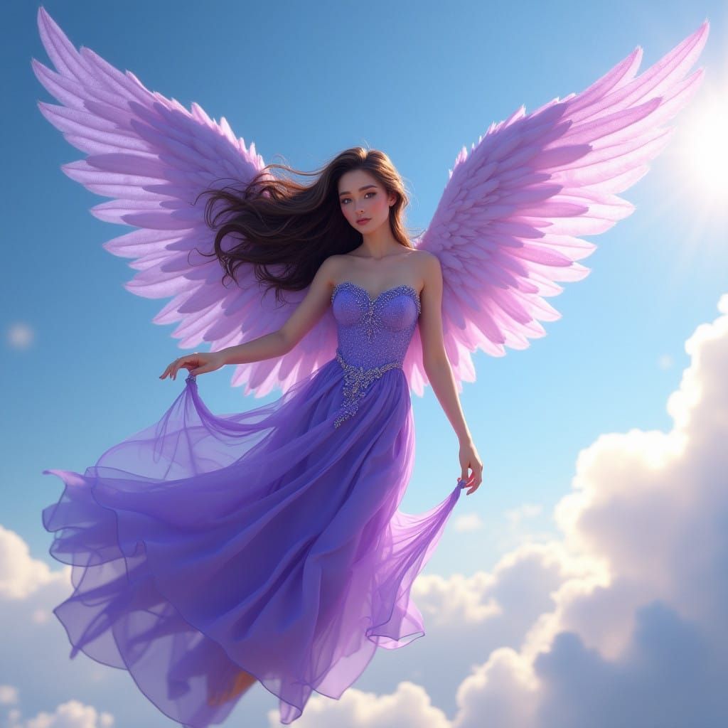 Serene Angel Soars Across Vibrant Blue Sky