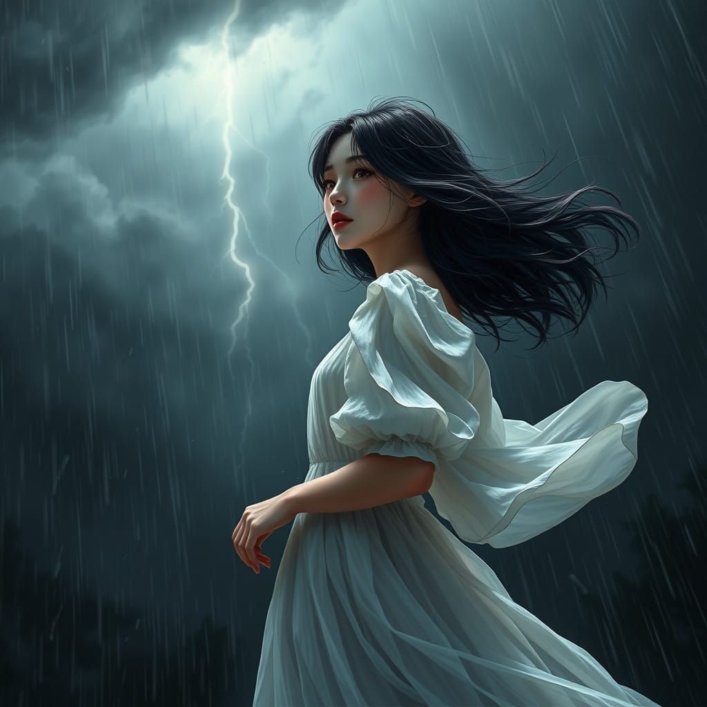 Mysterious Young Woman Fights the Stormy Night