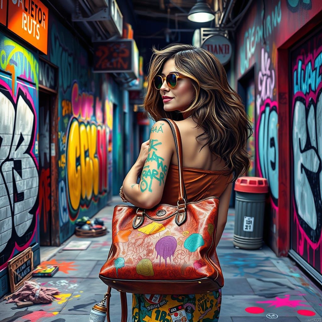 Woman with Eclectic Handbag in Graffiti Street Art