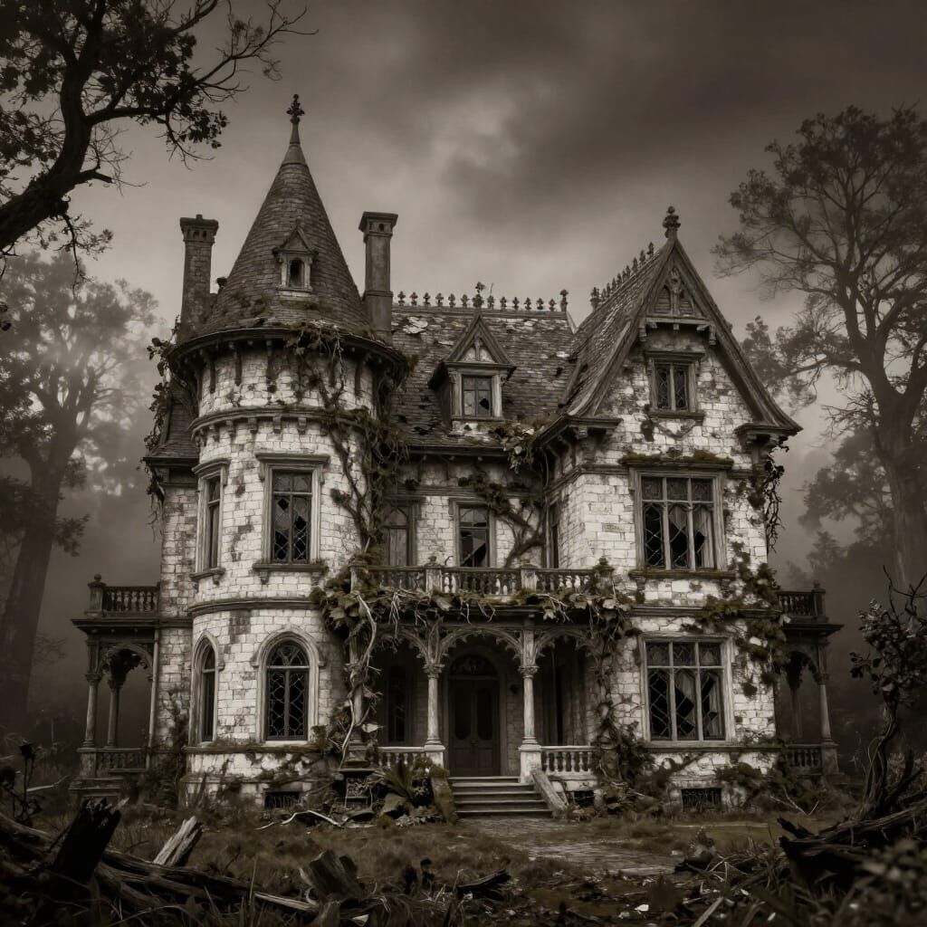 Haunted Victorian Mansion in Foggy Oak Forest