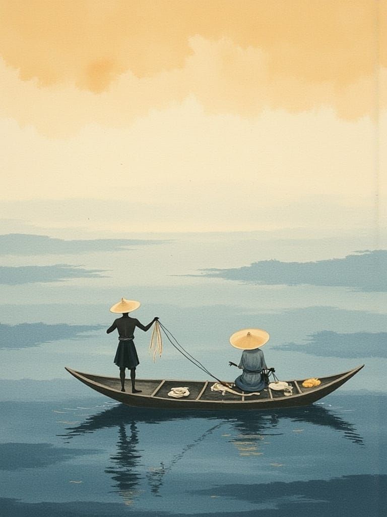 Fisherman Casting Net on Lake Biwa at Dawn