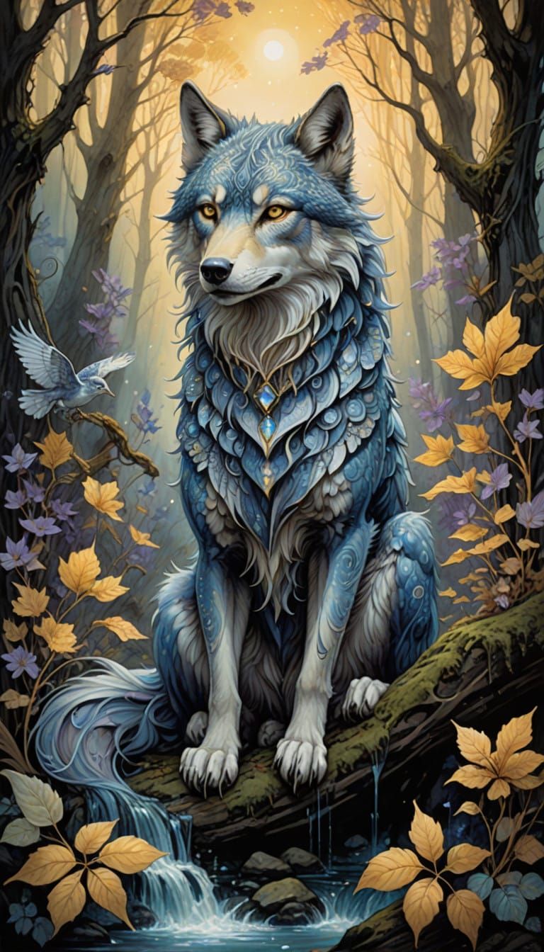 Ethereal Fantasy Scene with Majestic Wolf and Radiant Falcon