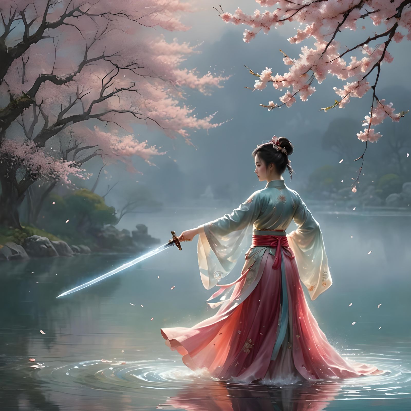 Ethereal Chinese Woman Cuts Cherry Blossoms