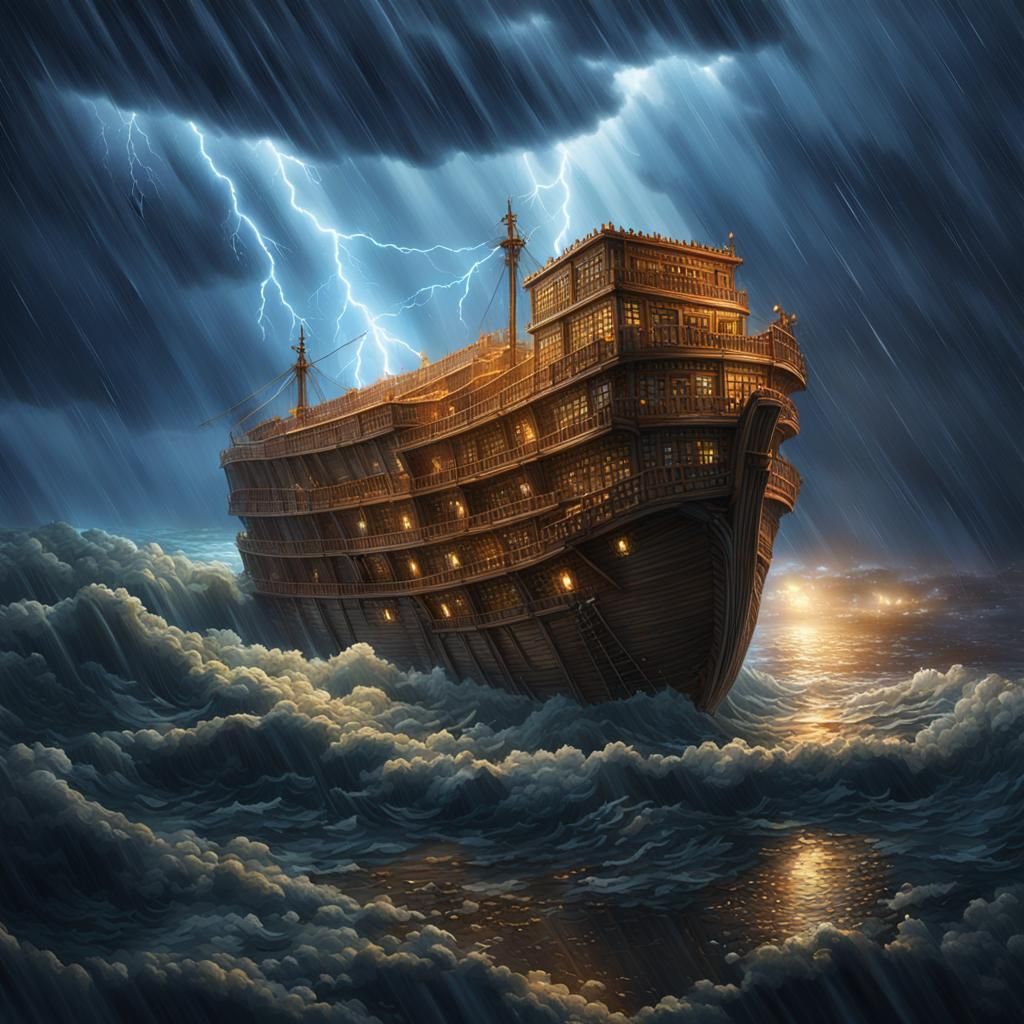 Hyperrealistic Noah's Ark in Stormy Seas