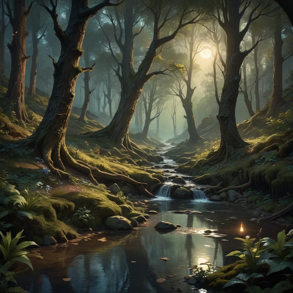 Mystical Forest Stream in Fantasy Art Style