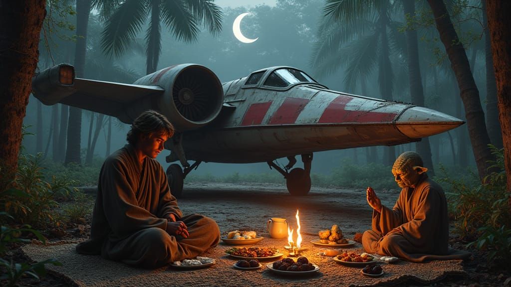 Battle-Scarred X-Wing in Jungle Clearing at Dusk, Jedi Prepa...