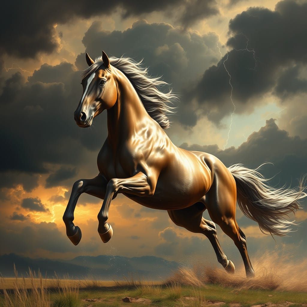 Thunderous Stallion Gallops Beneath Futuristic Stormy Skies