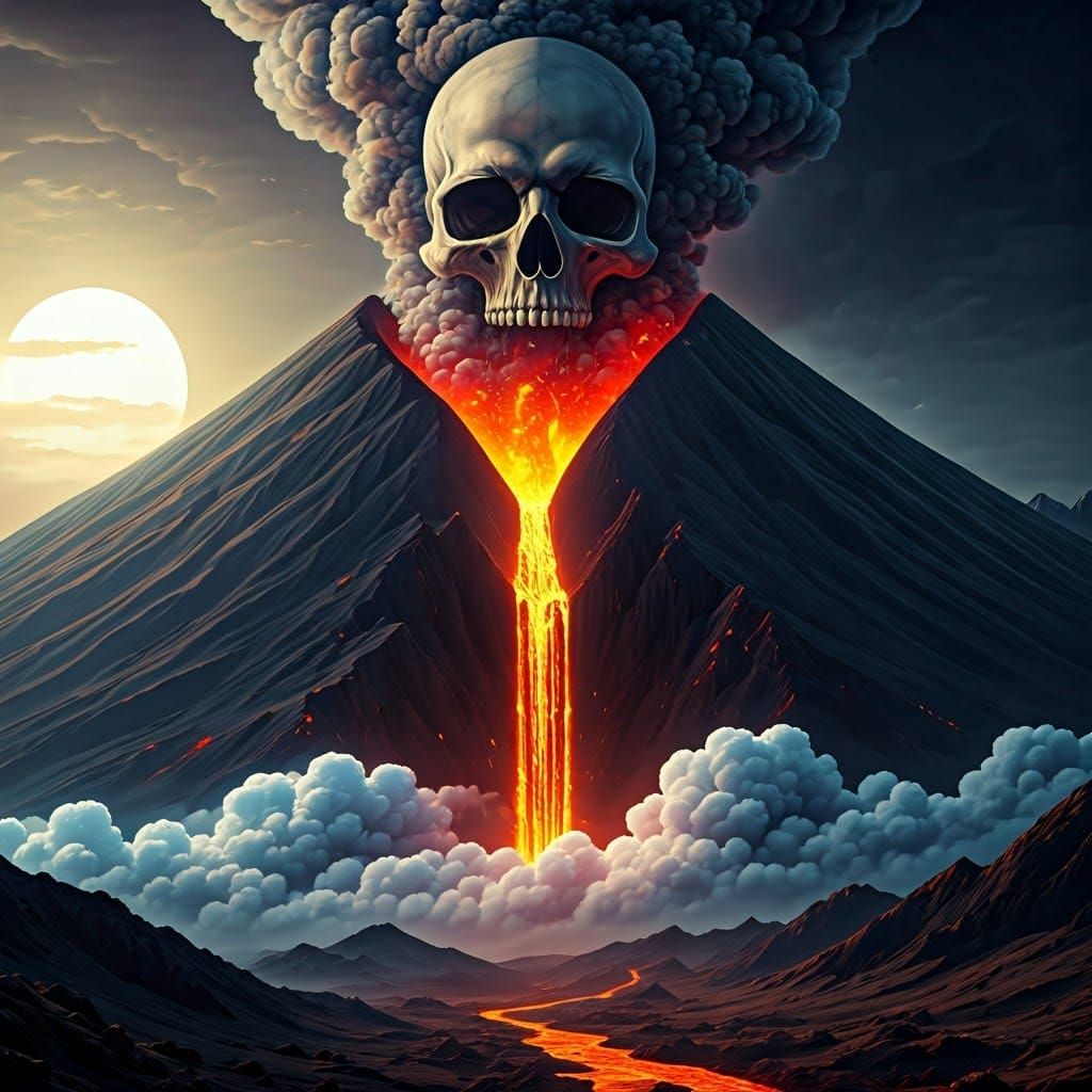 distant view of a volcano emitting lava and releasing lots o...