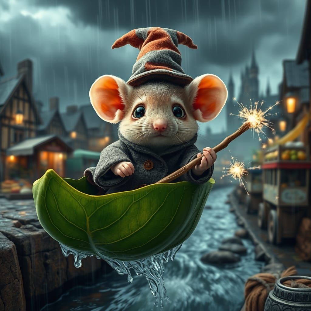 Adorable Mouse Wizard Floats on a Leaf Boat Down a Medieval ...