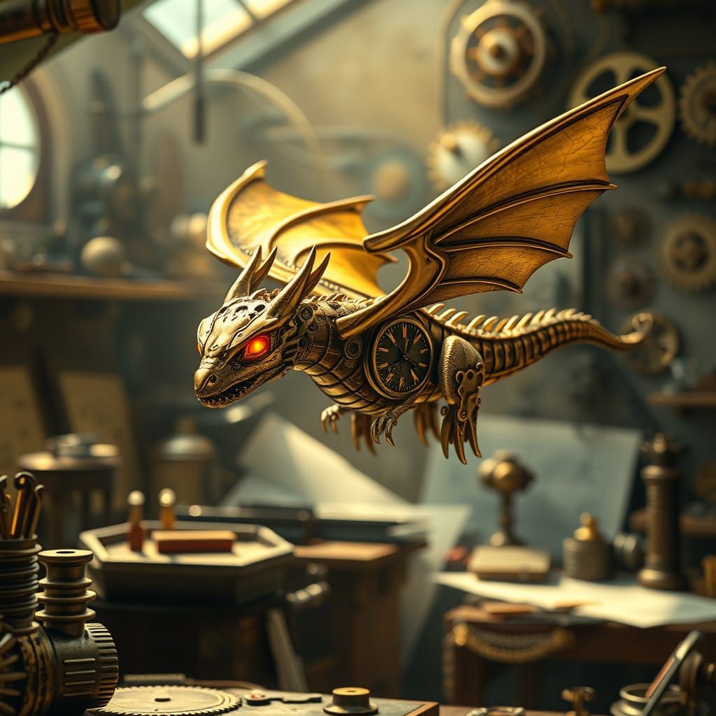 Miniature Clockwork Dragon in Steampunk Art Nouveau Style