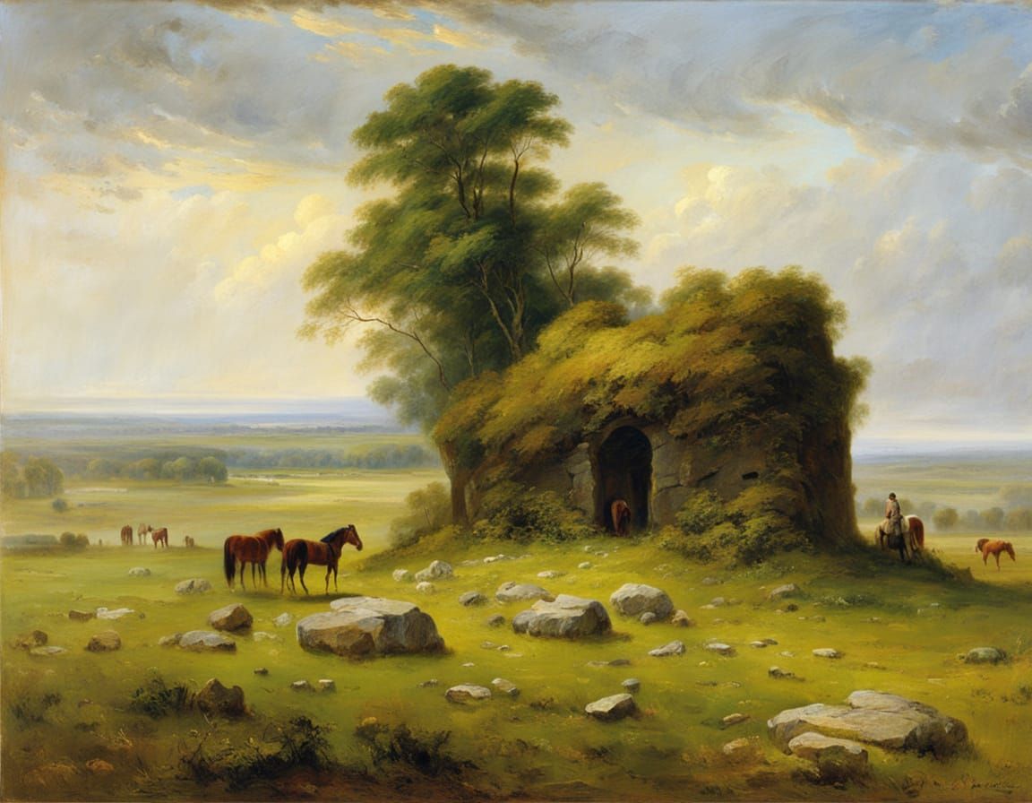 Idyllic Landscape with Stone Structure in Golden Light
