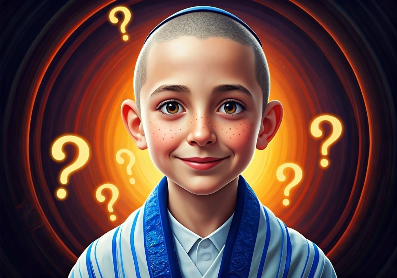 Whimsical Portrait of a Boy with Swirling Questions