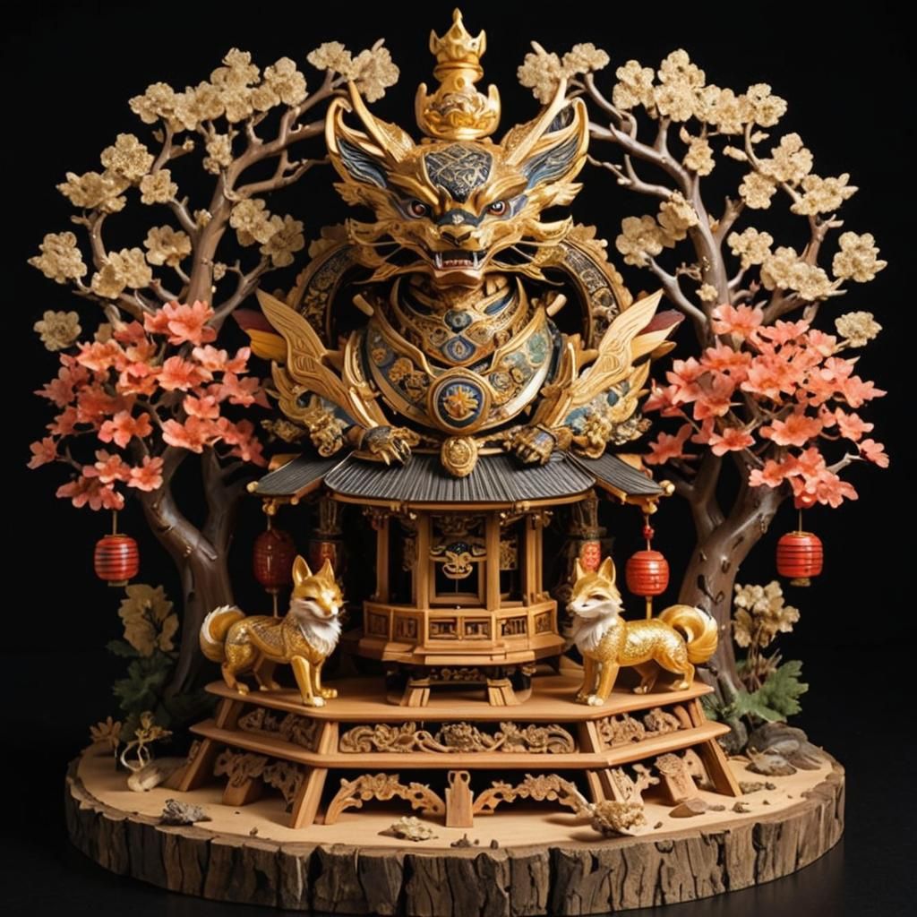 Ukiyo-e Kitsune Sculpture in Japanese Workshop