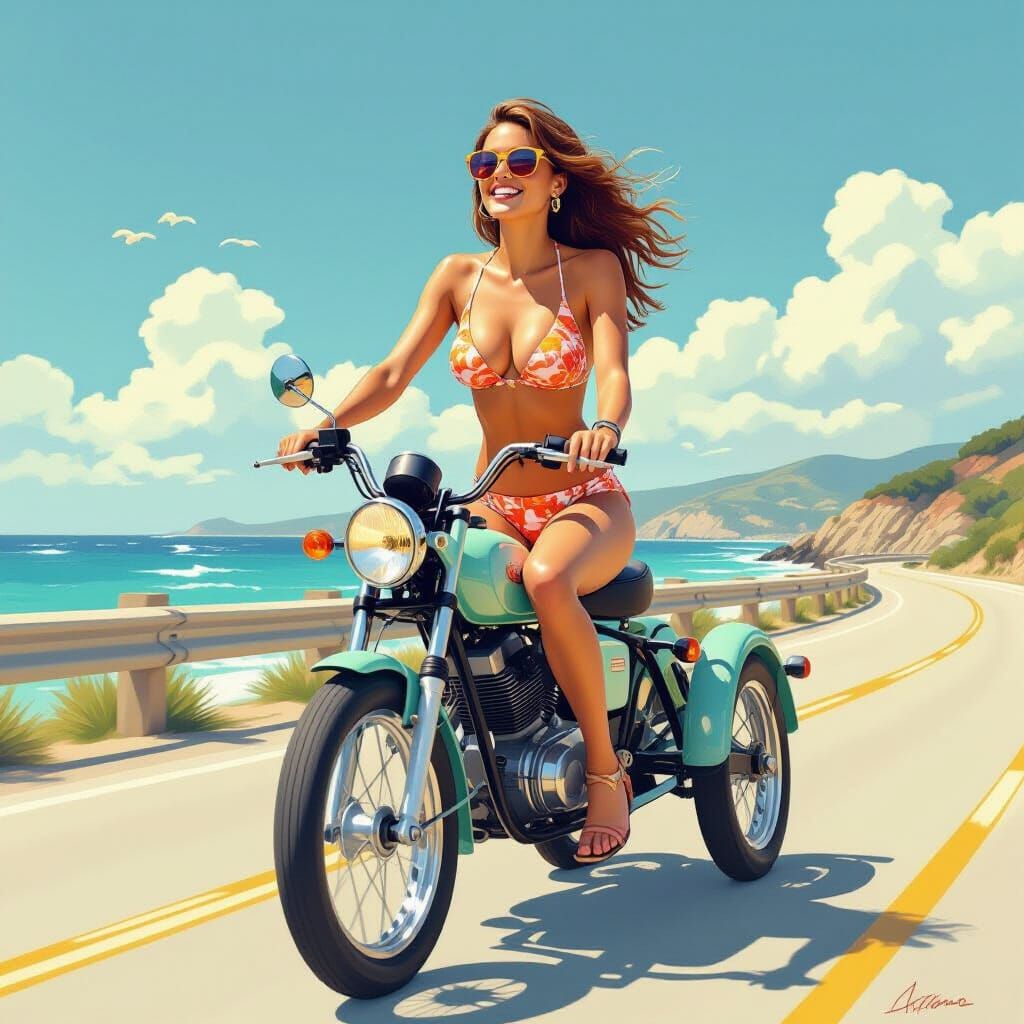 Woman Rides Trike in Vibrant Summer Watercolor Style