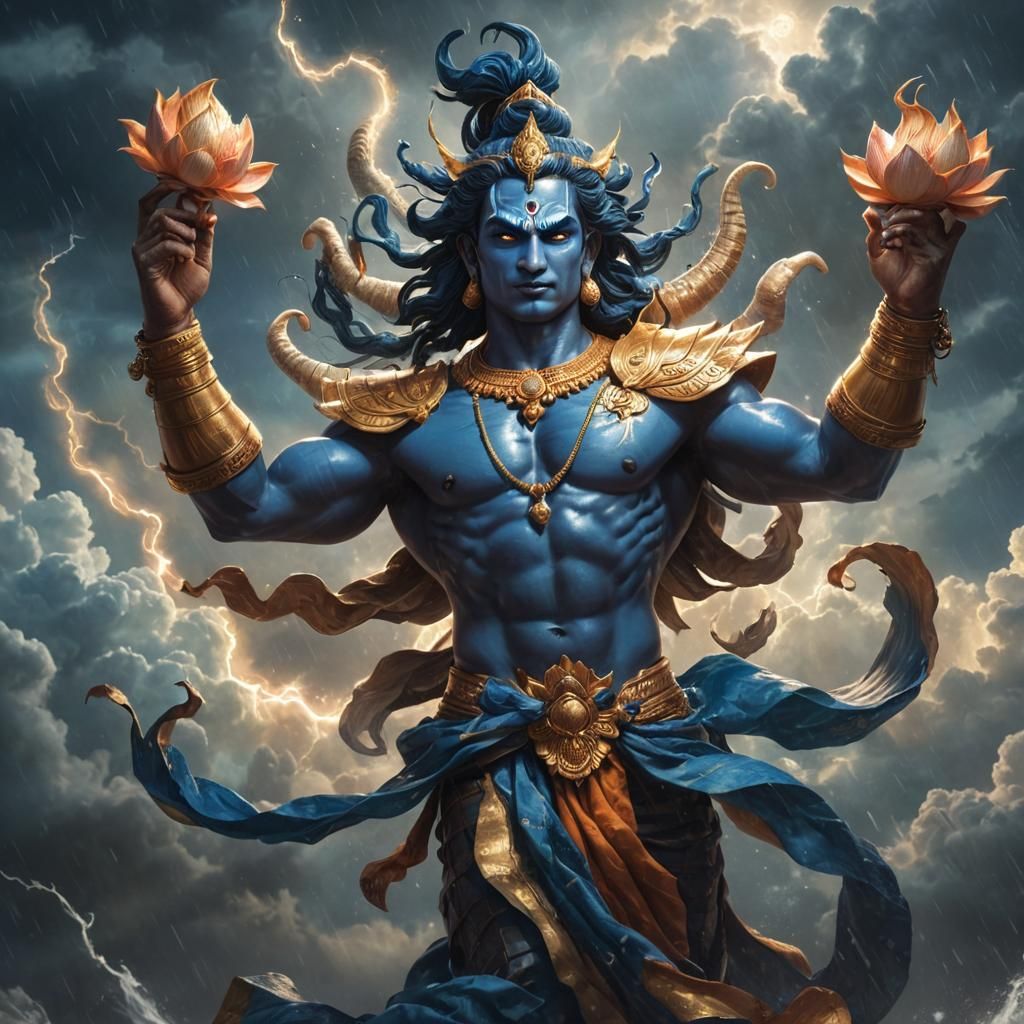 Angry Lord Vishnu in Golden Armor, Fiery Halo