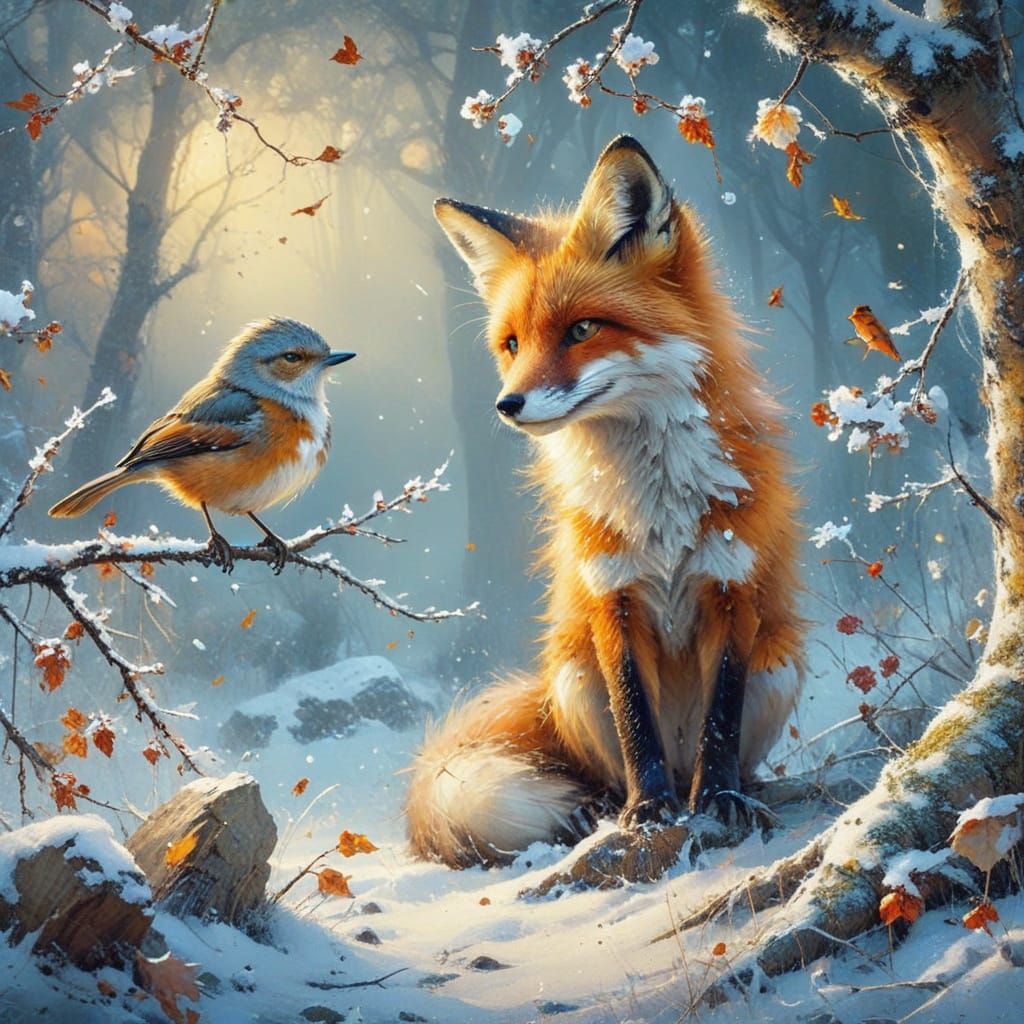 Whimsical Autumn Fox Observes a Perched Bird
