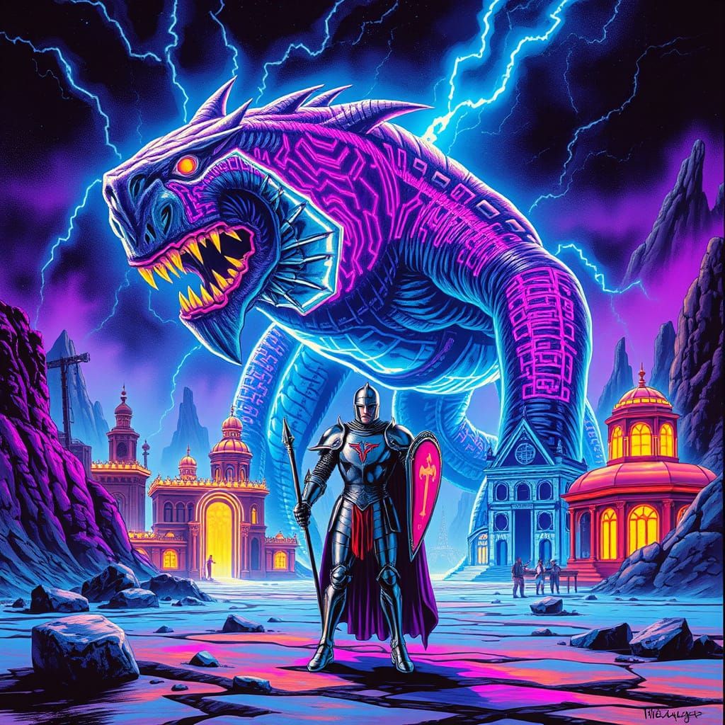 Knight vs. Bioluminescent Beast in Retro-Futuristic City