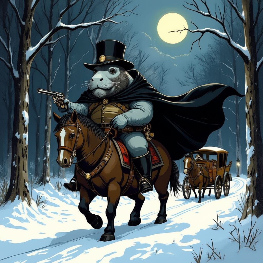 Manatee Highwayman on Horseback in Snowy Forest