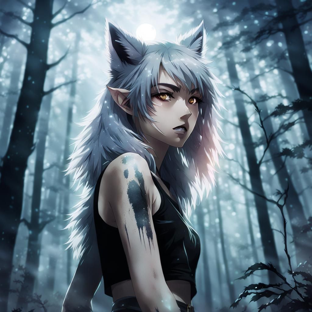 Anime Werewolf Girl in Misty Forest