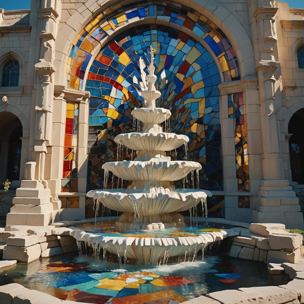 Majestic Stained Glass Fountain in Sunlight