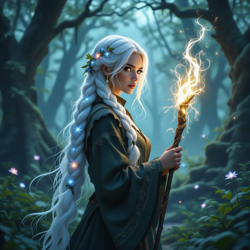 Mystical Forest Guardian with Flowing Silver Hair