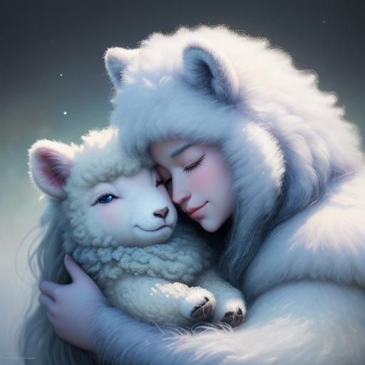Cute Baby Sheep and Wolf Hugging in Digital Art