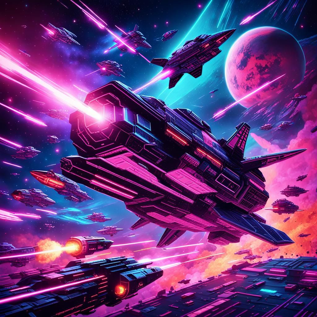 Synthwave Neon Space Battle: Fighters vs. Giant Ship