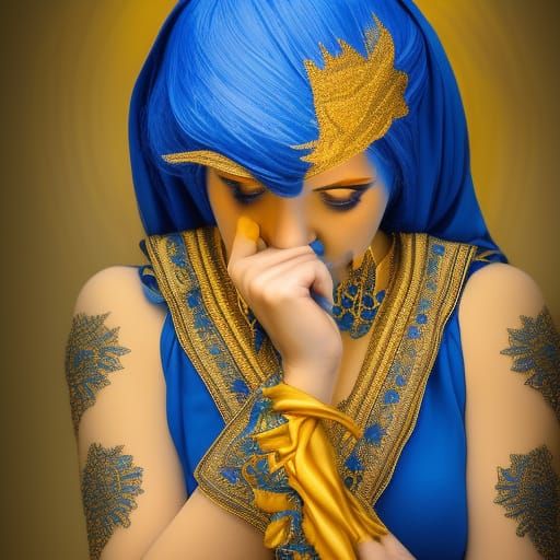 A beautiful female jinn in blue and gold colours eminating fire