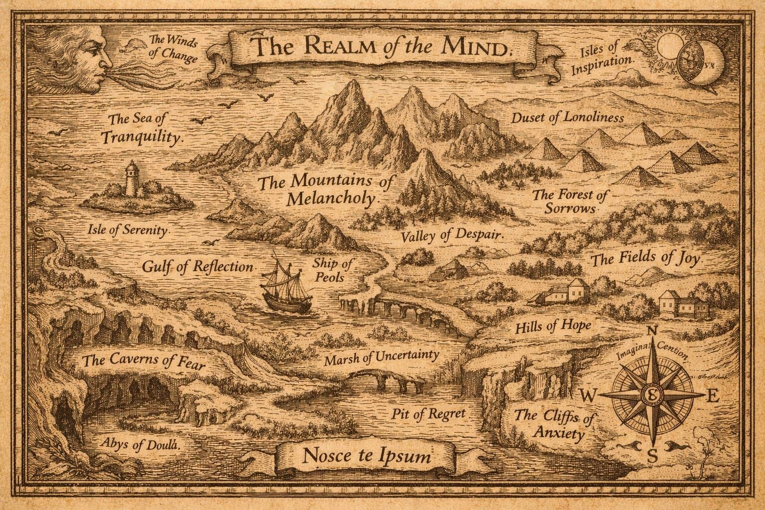Antique Psyche Map of Emotions in Surreal Etched Print Style