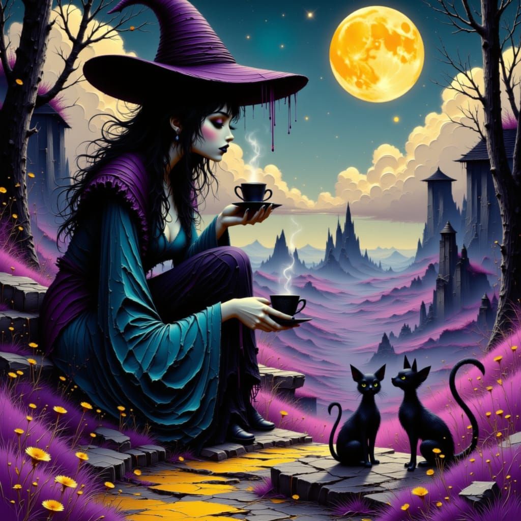 Ethereal Witch and Familiars Under Luminous Moon