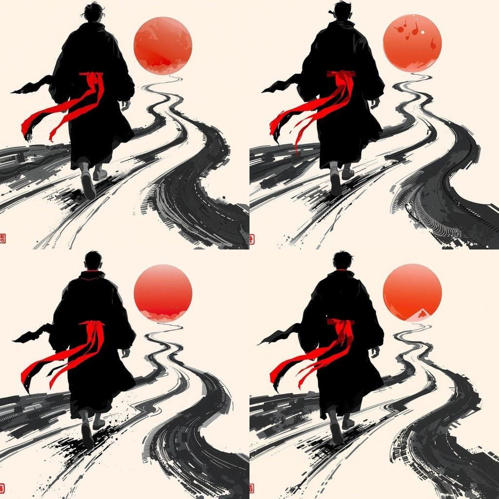 Surreal Ink Illustration of Lone Figure Walking Towards Styl...