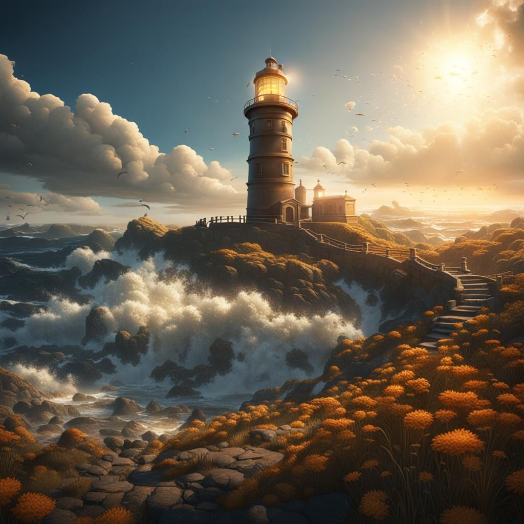 Sunshine Over Lighthouse: Detailed Matte Painting